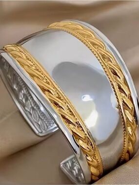 Two-Tone Silver and Gold Chain Wide Cuff Bracelet